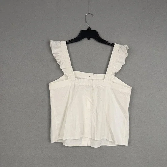 J Crew Shirt Womens Large White Linen Blend Ruffle Strap Button Front Tank - Picture 7 of 13